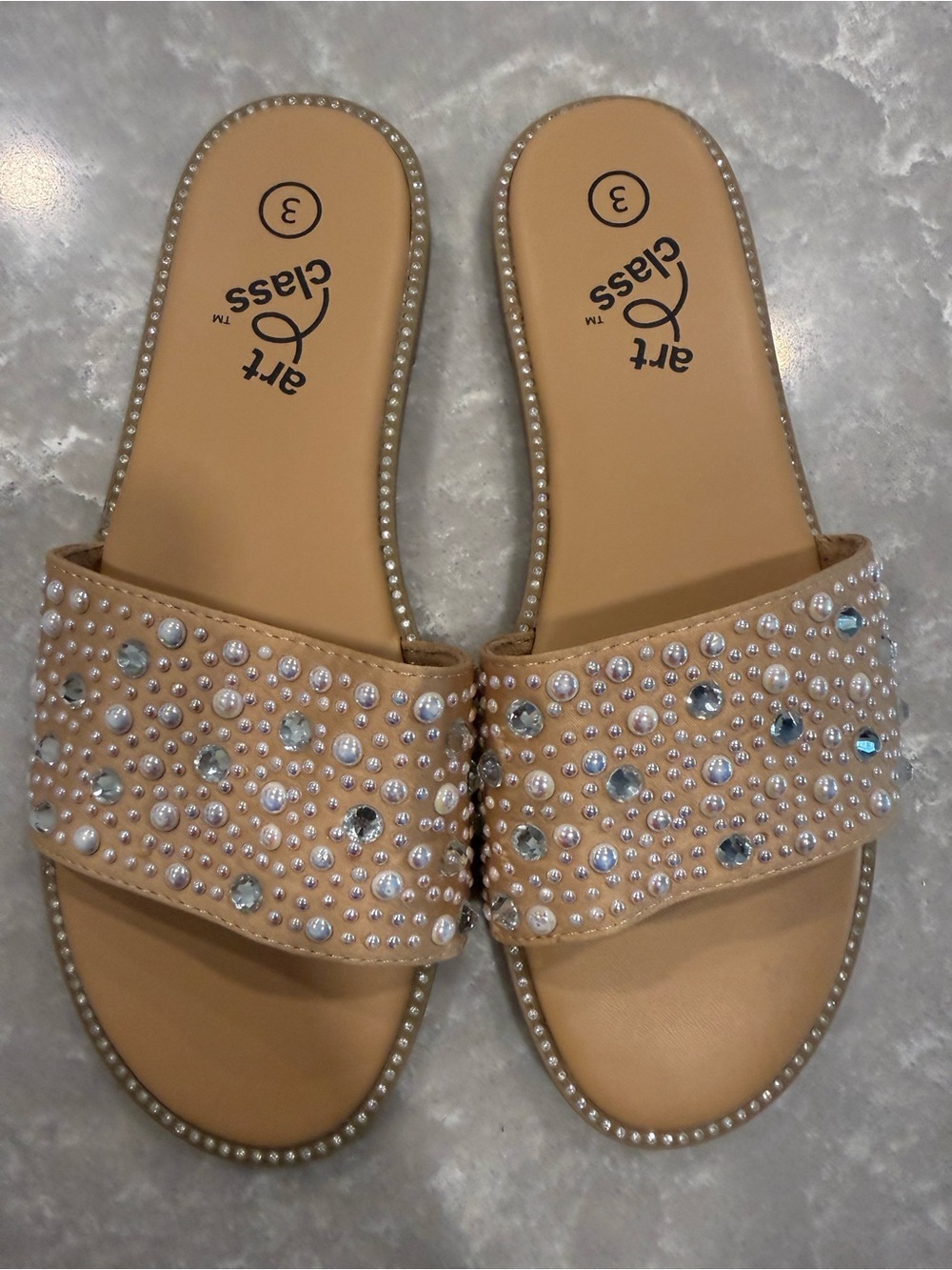 Art Class Girls Size 3 Nude Pearl Rhinestone Embellished Slide Sandals